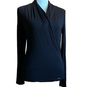 Elle Tahari black draped v neck top wrapping to one side.  Size small petite